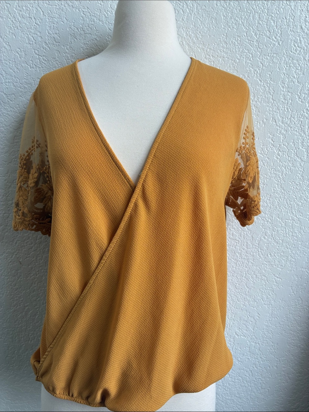 Women's Mustard Wrap-Front Blouse with Lace Sleeves